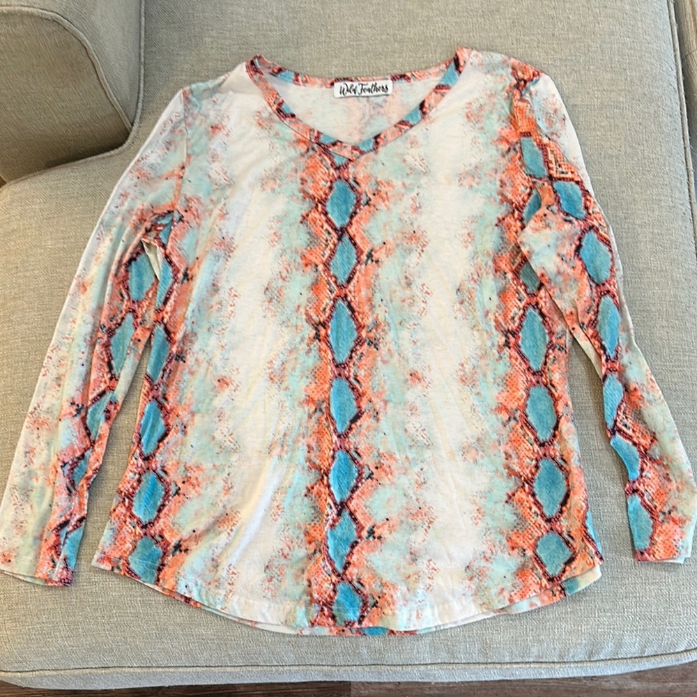 Coral and Teal Graphic Long Sleeve Shirt